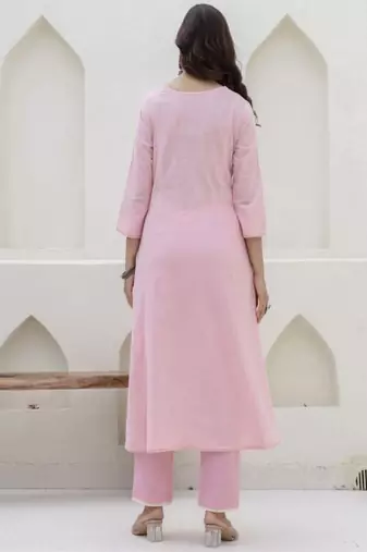 pink embroidered cotton kurta trouser dupatta set
