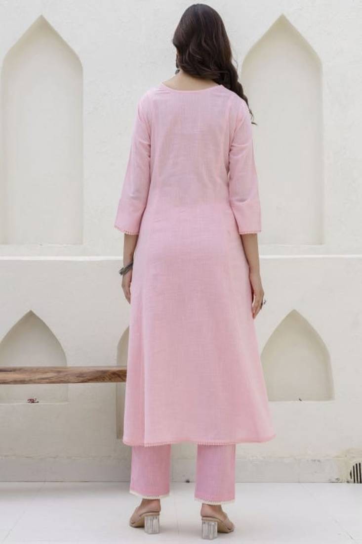 Pink embroidered v neck pure cotton kurta trouser dupatta set