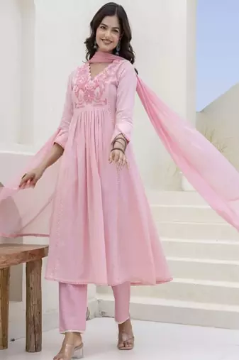 pink embroidered cotton kurta trouser dupatta set