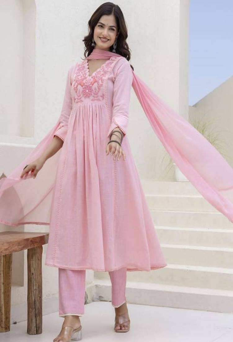 Pink embroidered v neck pure cotton kurta trouser dupatta set