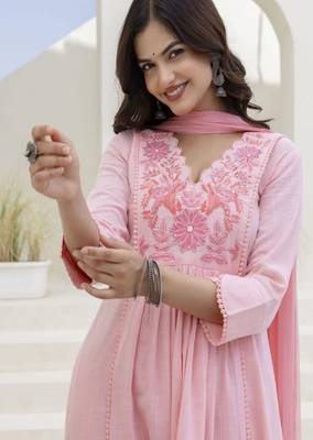 pink embroidered cotton kurta trouser dupatta set 4