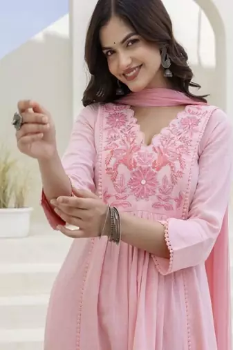 pink embroidered cotton kurta trouser dupatta set