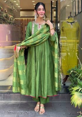 green embroidered round neck silk blend kurta trouser dupatta set 1