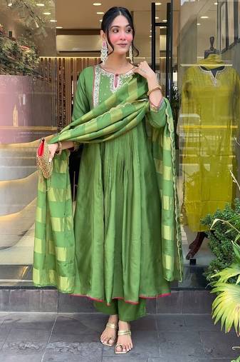 Green floral embroidered round neck silk kurta trouser dupatta set