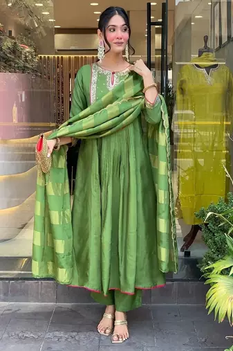 Green embroidered round neck silk kurta trouser dupatta set