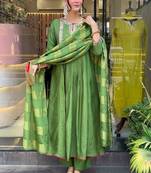 Green embroidered round neck silk kurta trouser dupatta set