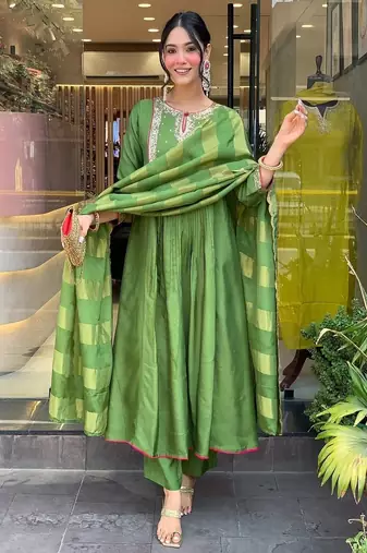 green embroidered round neck silk blend kurta trouser dupatta set