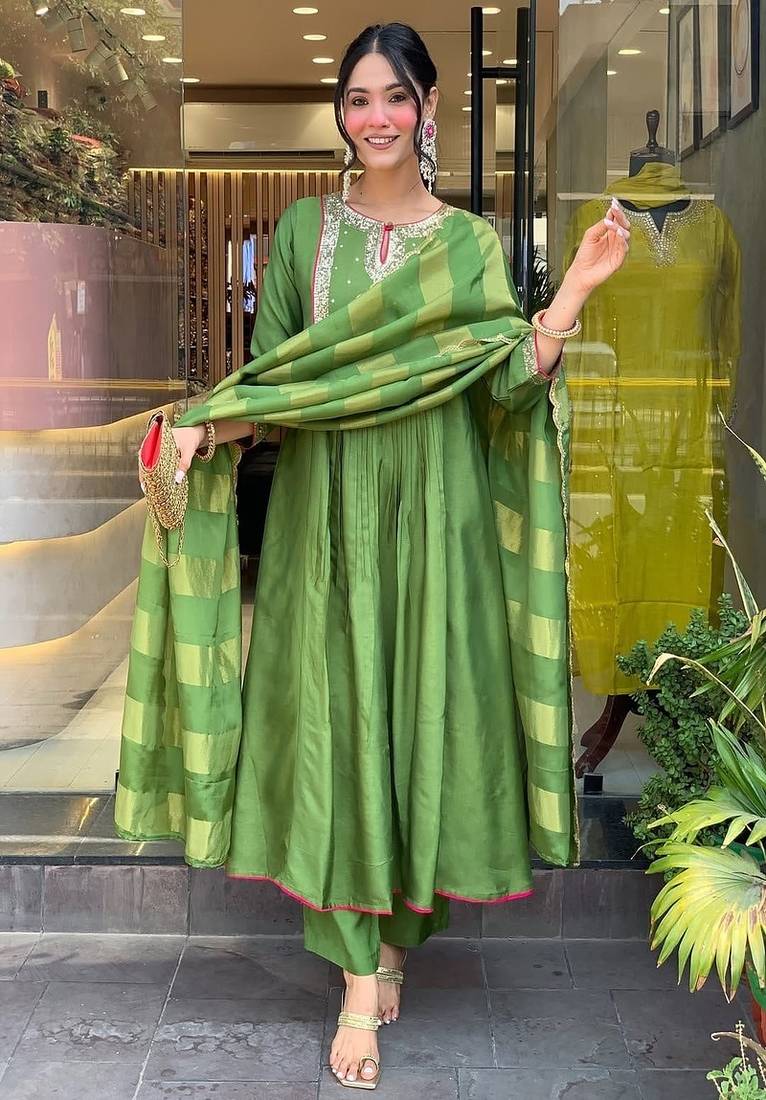 Green embroidered round neck silk kurta trouser dupatta set