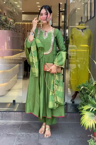 green embroidered round neck silk blend kurta trouser dupatta set