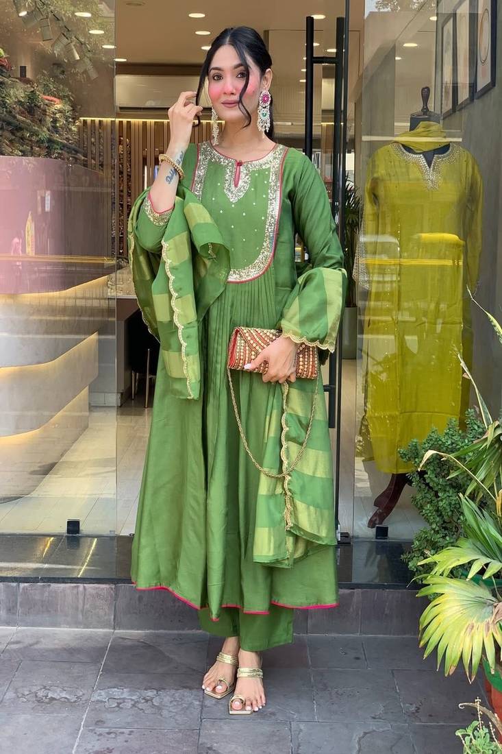 Green embroidered round neck silk kurta trouser dupatta set