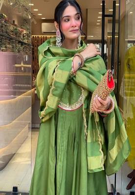 green embroidered round neck silk blend kurta trouser dupatta set 4