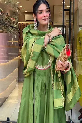 green embroidered round neck silk blend kurta trouser dupatta set