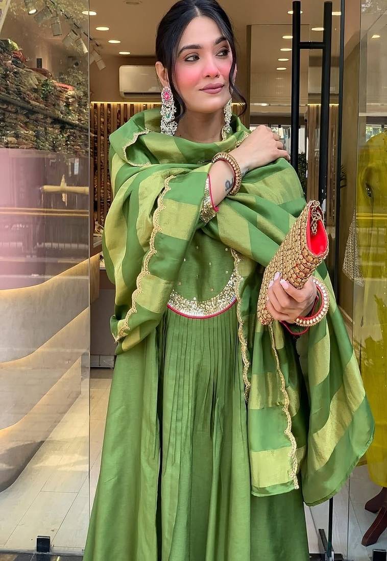 Green embroidered round neck silk kurta trouser dupatta set