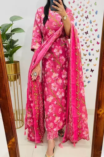 Pink printed round neck pure cotton kurta trouser dupatta set
