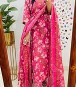 pink printed round neck cotton kurta trouser dupatta set