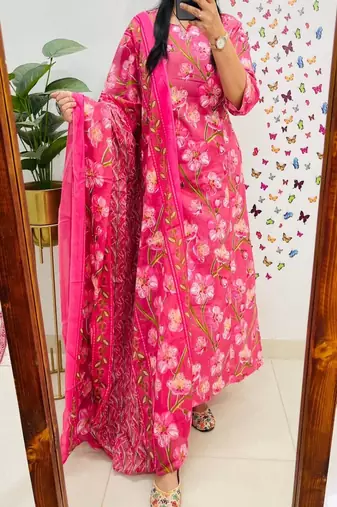 pink printed round neck cotton kurta trouser dupatta set