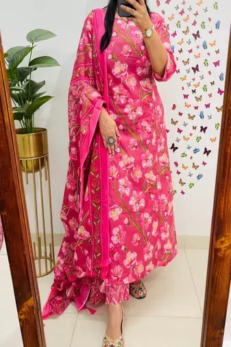 pink printed round neck cotton kurta trouser dupatta set