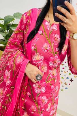 pink printed round neck cotton kurta trouser dupatta set 4