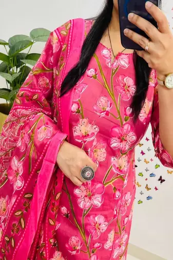 pink printed round neck cotton kurta trouser dupatta set