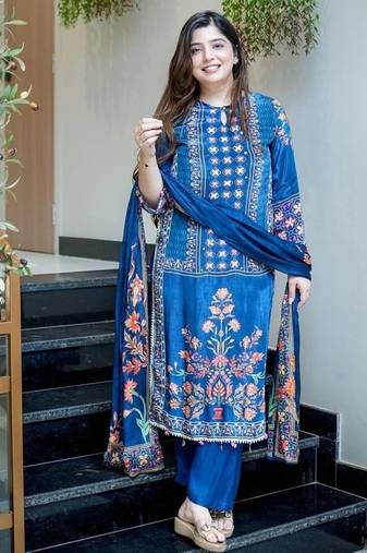 Blue embroidered round neck muslin kurta trouser dupatta set