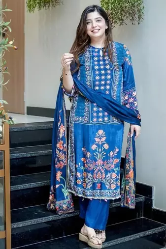 Blue floral embroidered round neck muslin kurta trouser dupatta set