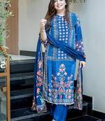 Blue embroidered round neck muslin kurta trouser dupatta set