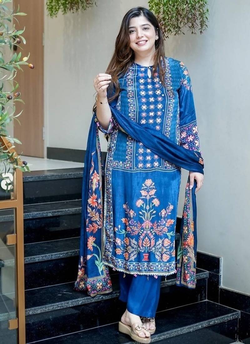 Blue embroidered round neck muslin kurta trouser dupatta set