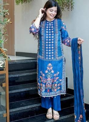 blue embroidered round neck muslin kurta trouser dupatta set 2