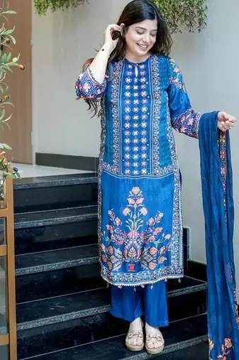 blue embroidered round neck muslin kurta trouser dupatta set
