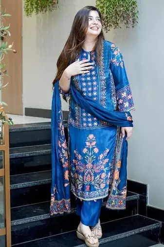 blue embroidered round neck muslin kurta trouser dupatta set