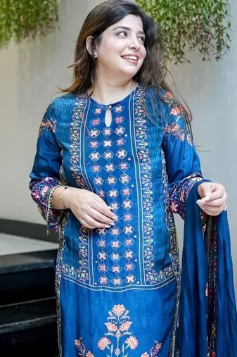 blue embroidered round neck muslin kurta trouser dupatta set
