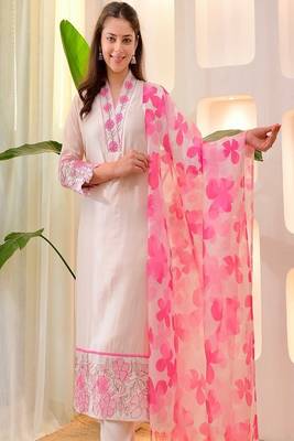 white embroidered cotton kurta trouser dupatta set 1