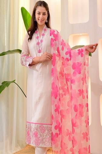 White embroidered v neck pure cotton kurta trouser dupatta set