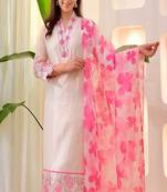 white embroidered cotton kurta trouser dupatta set