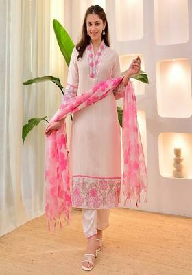 white embroidered cotton kurta trouser dupatta set 2