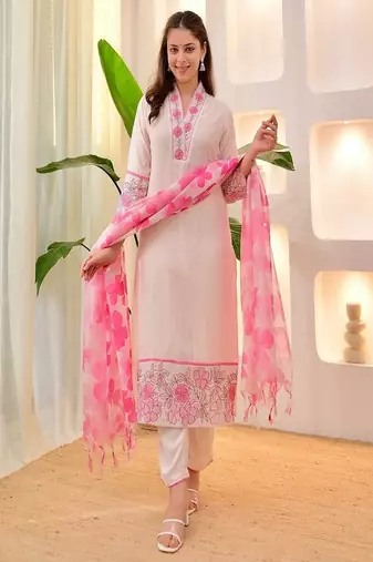 white embroidered cotton kurta trouser dupatta set