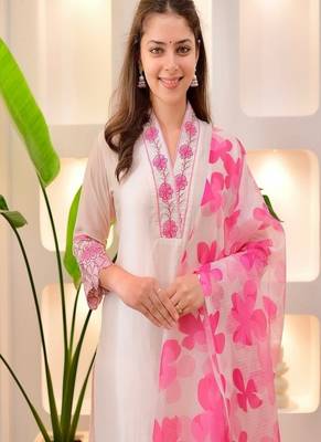 white embroidered cotton kurta trouser dupatta set 3