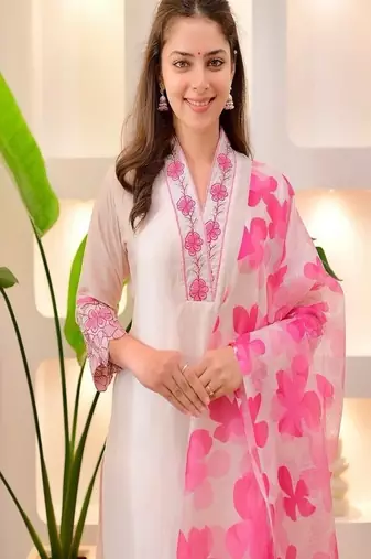 white embroidered cotton kurta trouser dupatta set
