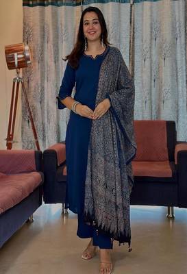 blue embroidered round neck cotton kurta trouser dupatta set 1