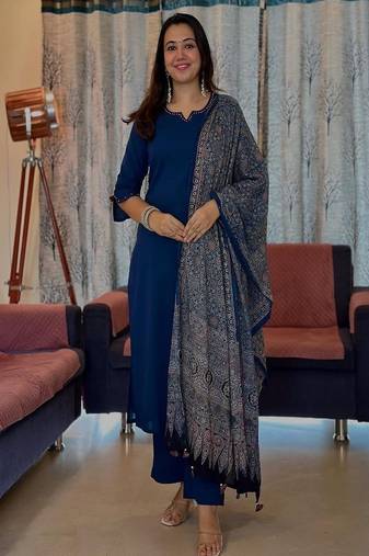 Blue embroidered round neck pure cotton kurta trouser dupatta set
