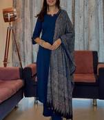 blue embroidered round neck cotton kurta trouser dupatta set