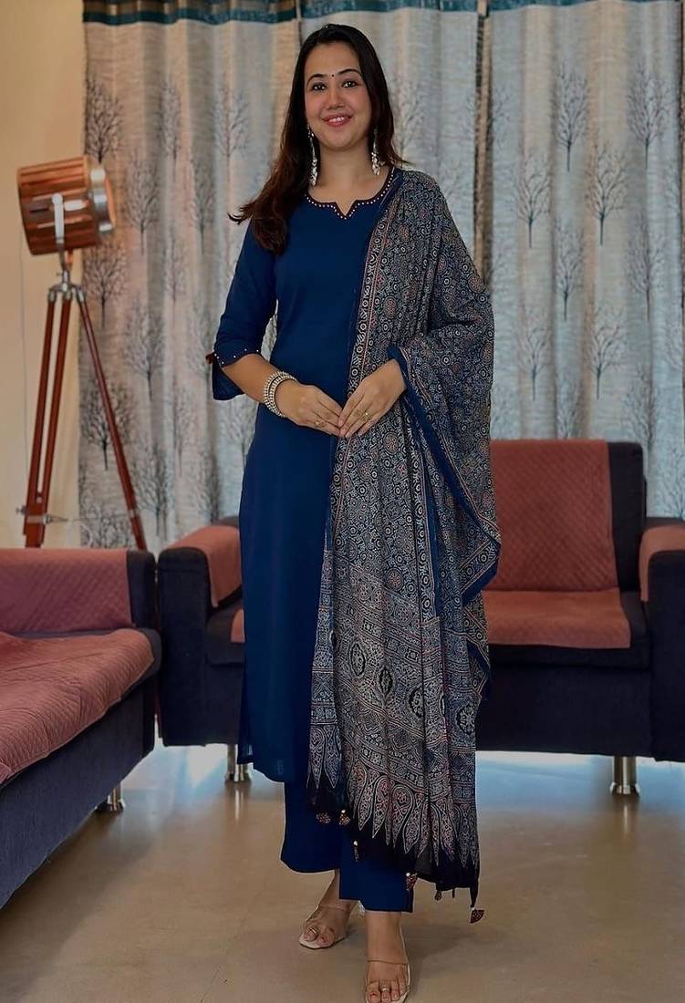 Blue embroidered round neck pure cotton kurta trouser dupatta set