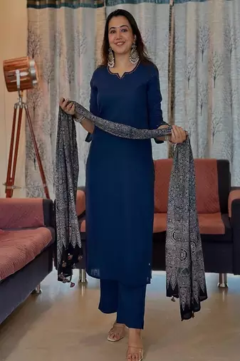 blue embroidered round neck cotton kurta trouser dupatta set
