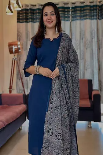 blue embroidered round neck cotton kurta trouser dupatta set