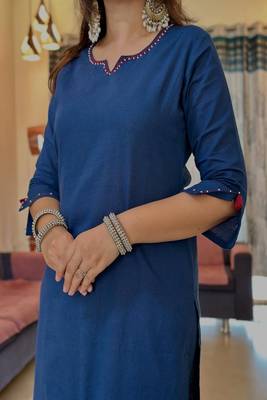 blue embroidered round neck cotton kurta trouser dupatta set 4