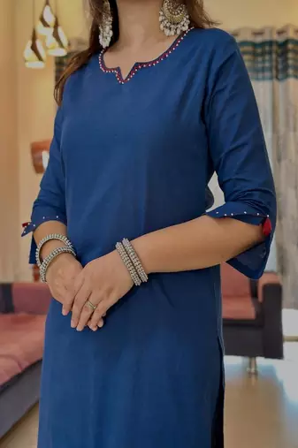blue embroidered round neck cotton kurta trouser dupatta set