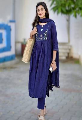 blue embroidered round neck cotton kurta trouser dupatta set 1