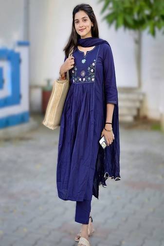Blue embroidered round neck pure cotton kurta trouser dupatta set