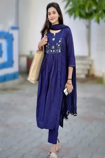 Blue floral embroidered round neck pure cotton kurta trouser dupatta set