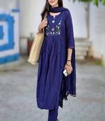 Blue embroidered round neck pure cotton kurta trouser dupatta set